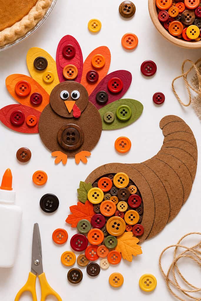 adorable handmade Thanksgiving-themed crafts made from colorful buttons
