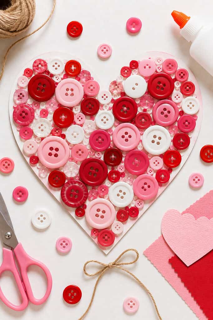 a large handmade paper heart filled with layered buttons in romantic Valentine’s Day colors