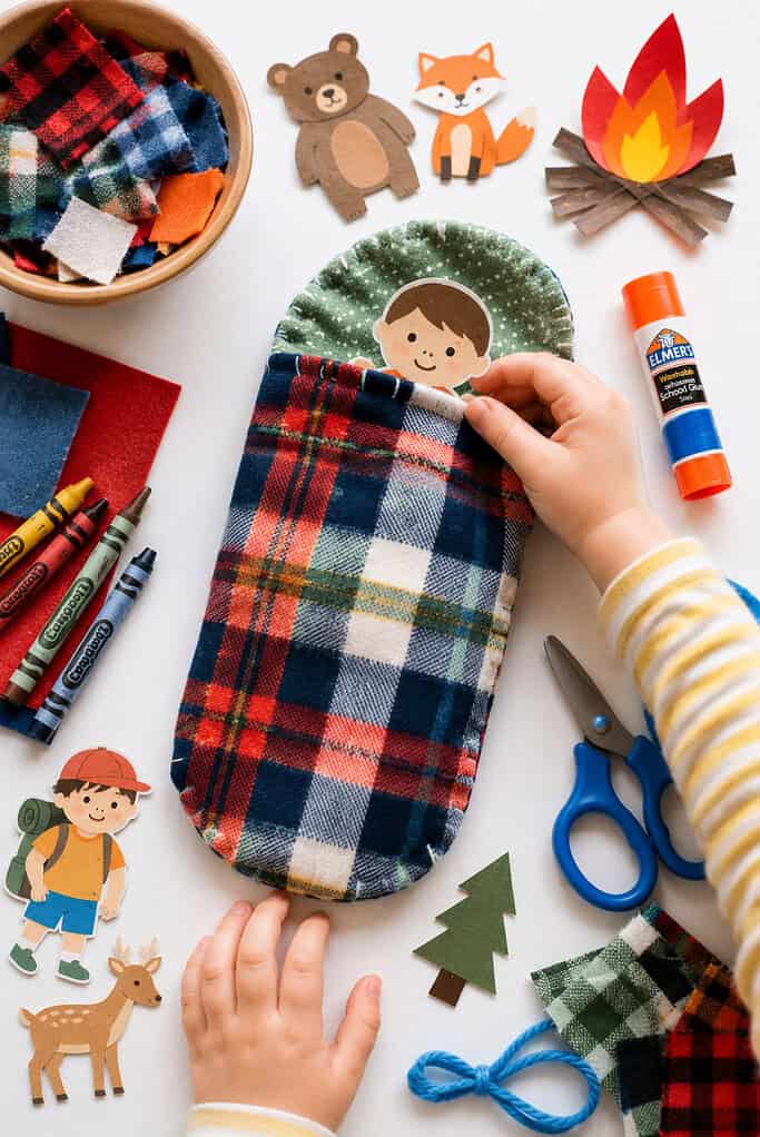 a preschool sleeping bag camping craft arranged on a bright white tabletop