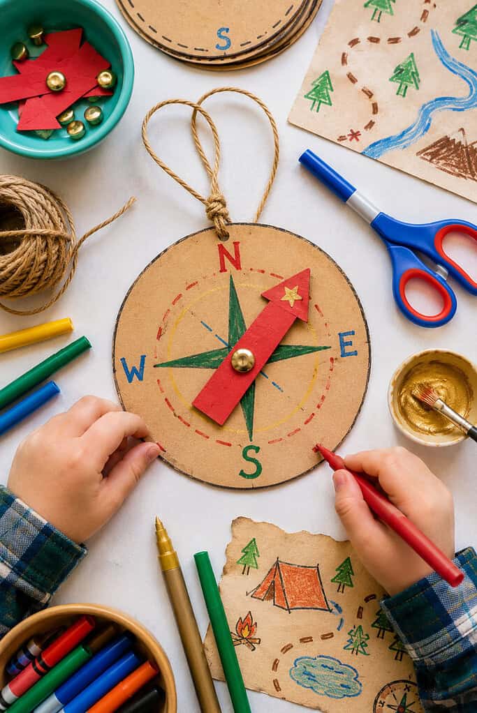 a kids’ paper compass camping craft arranged on a bright white tabletop.
