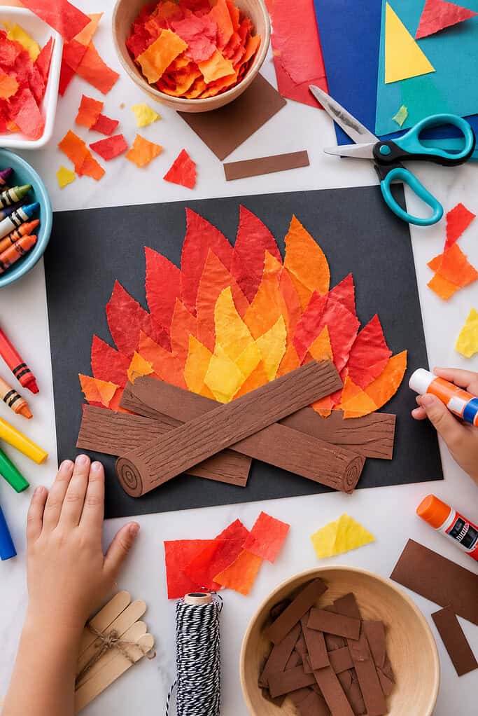 a kids’ campfire paper craft activity arranged on a bright white tabletop.