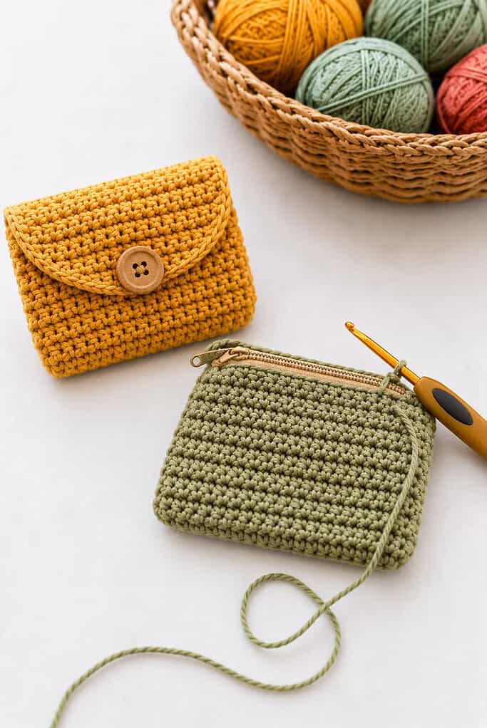 a small crocheted pouch made with wool yarn in warm vibrant colors
