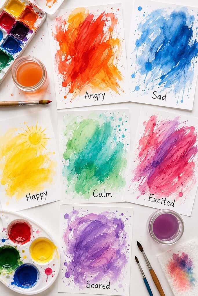 sheets of paper covered with expressive watercolor and tempera paint strokes