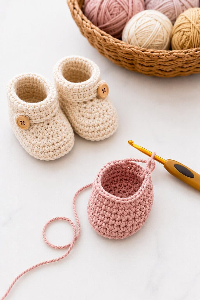 a tiny pair of soft crochet baby booties 