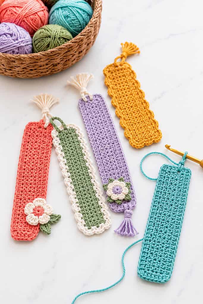 several slim crochet bookmarks made from colorful cotton yarn