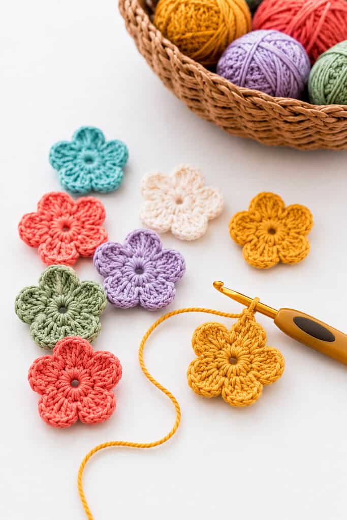 several tiny five-petal crochet flowers in vibrant cheerful colors