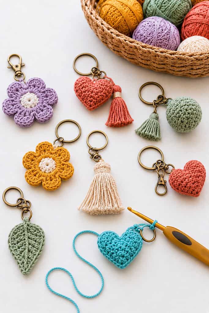 small crochet keychains such as tiny hearts, tassels, pom poms, or miniature charms