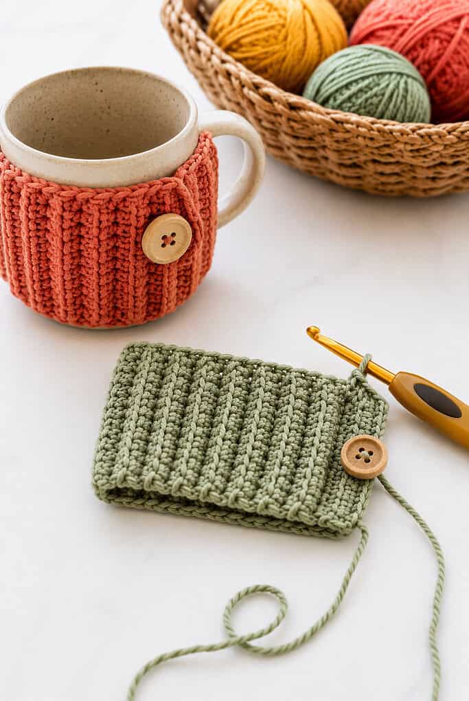 a cozy ribbed crochet mug cozy made with soft textured cotton