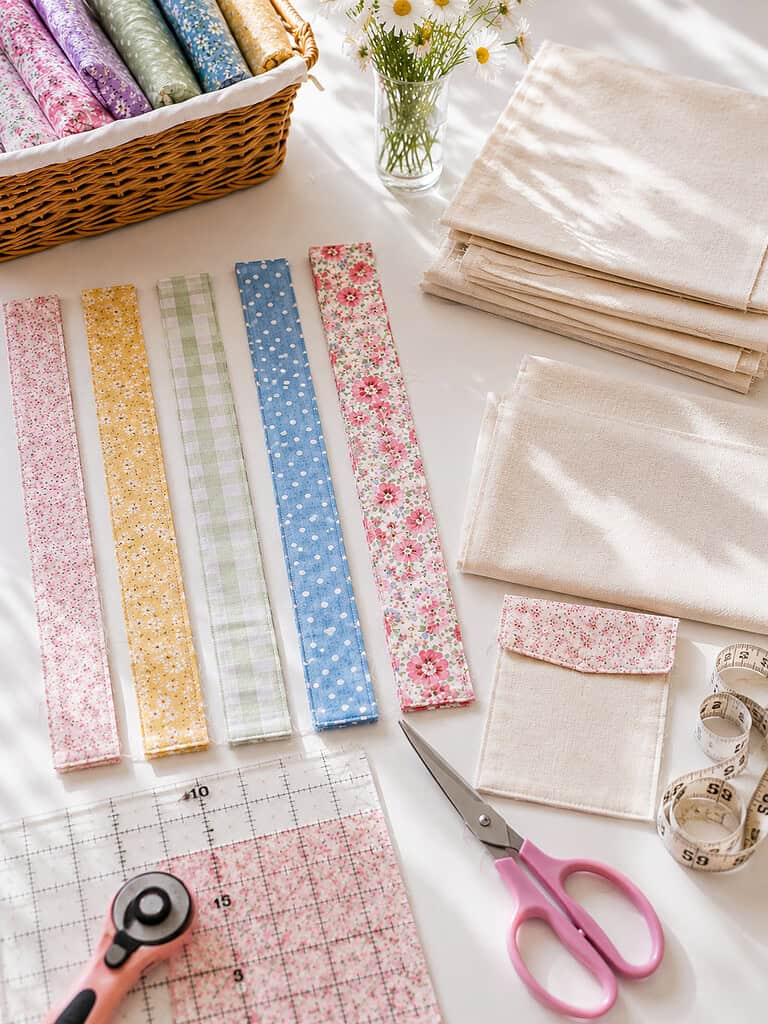 lining fabric and tote bag handle pieces being measured and cut