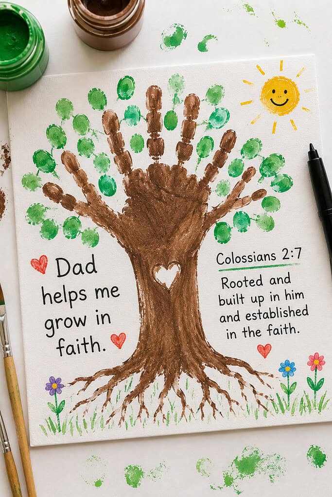 a child-created tree artwork on white cardstock or a small canvas.