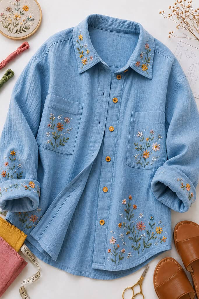 A beautifully sewn boxy linen overshirt arranged naturally to showcase delicate hand embroidery along the collar, cuffs, pockets, or hemline.