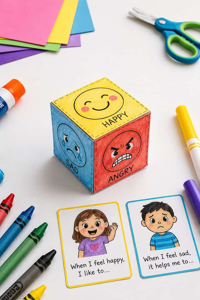 a colorful DIY cube dice made from cardstock or lightweight wood