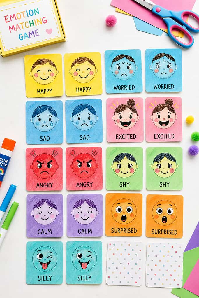 a set of small matching cards featuring colorful emotion faces