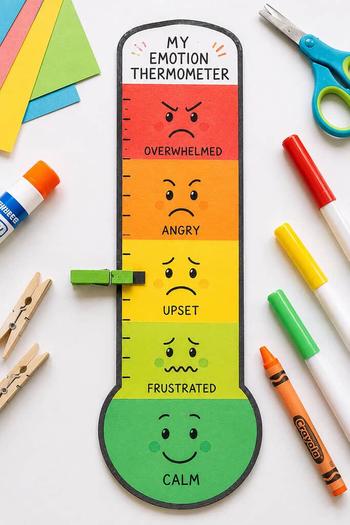 a colorful DIY emotion thermometer made from layered cardstock or paper strips in green, yellow, orange, and red, representing increasing emotional intensity.