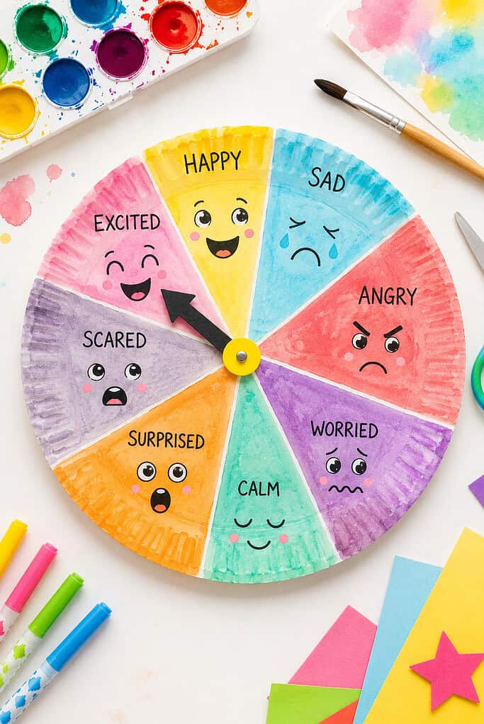 a colorful paper plate emotion wheel divided into neatly painted sections