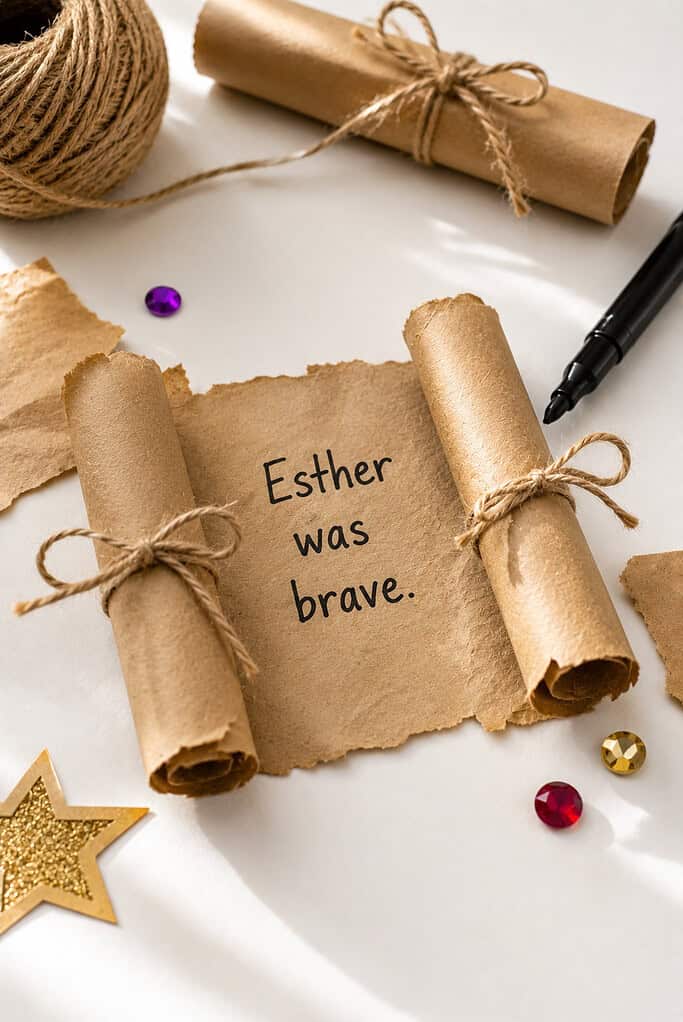 a small handmade scroll craft as the main focal point, created from rolled brown craft paper or recycled paper bag material tied neatly with rustic twine.
