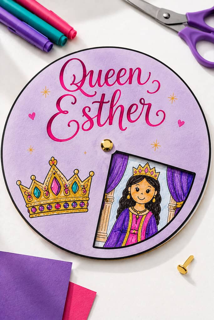 a large circular story wheel made from purple cardstock with a bold black outline.