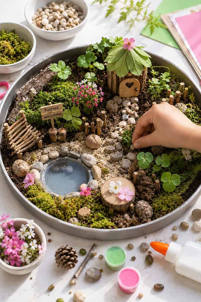 a whimsical miniature fairy garden built inside a shallow tray filled with soft soil and sand
