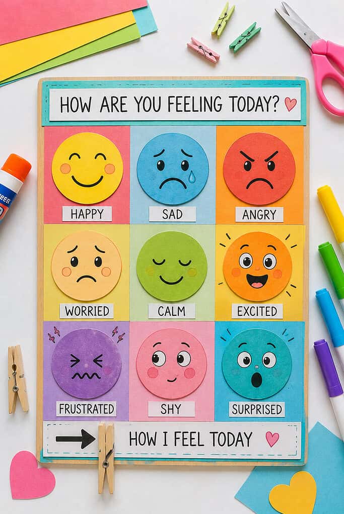 a colorful DIY feelings board made from cardstock, foam board, or a small wooden board featuring multiple emotion faces