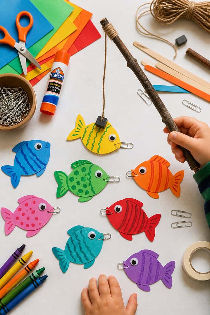Several colorful paper fish cut from cardstock in bright playful colors