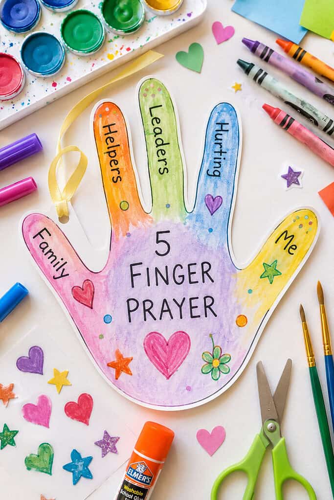 a traced child’s hand on sturdy white cardstock, carefully cut out and decorated with vibrant markers, watercolor paint, stickers, and playful childlike doodles