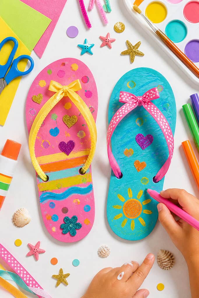 two handmade flip flops created from traced child-sized foot shapes cut from colorful thick cardstock