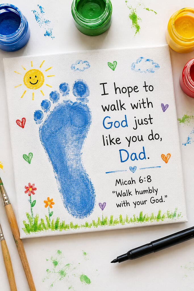a heartfelt child-created footprint craft on white heavy cardstock or a small canvas square.