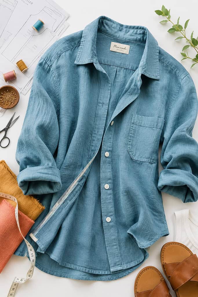 a handmade French seam button-front shirt.