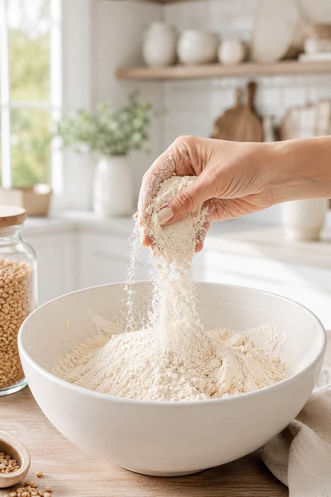 freshly milled flour being held in a large white ceramic mixing bowl