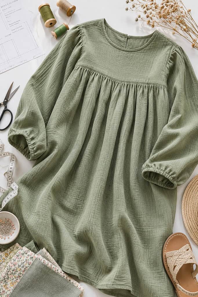 A beautifully sewn gathered yoke dress arranged gracefully to showcase the fitted upper yoke panel flowing into a full gathered skirt.