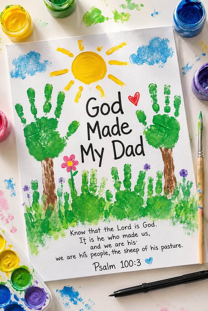 a cheerful outdoor-inspired scene — green handprints forming grass or trees, yellow paint for a sun, soft blue sky accents, and colorful childlike decorative touches.