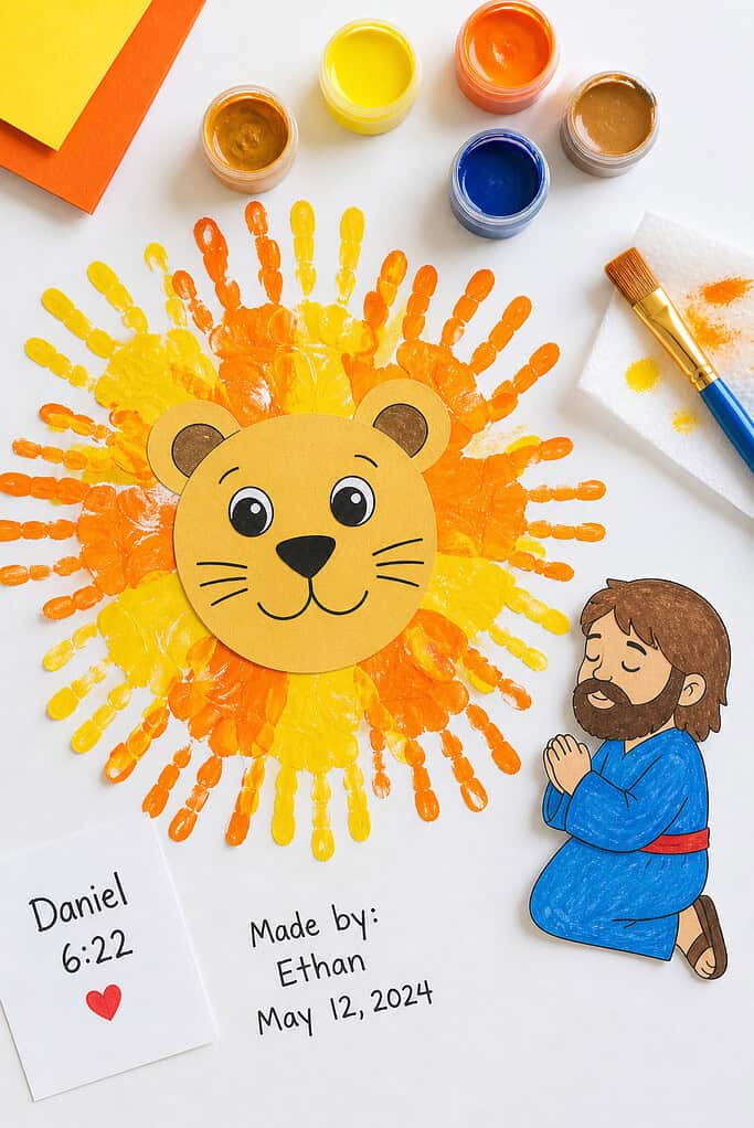 a handmade lion craft where the mane is formed by overlapping child-sized handprints stamped in yellow and orange paint, arranged in a circular pattern