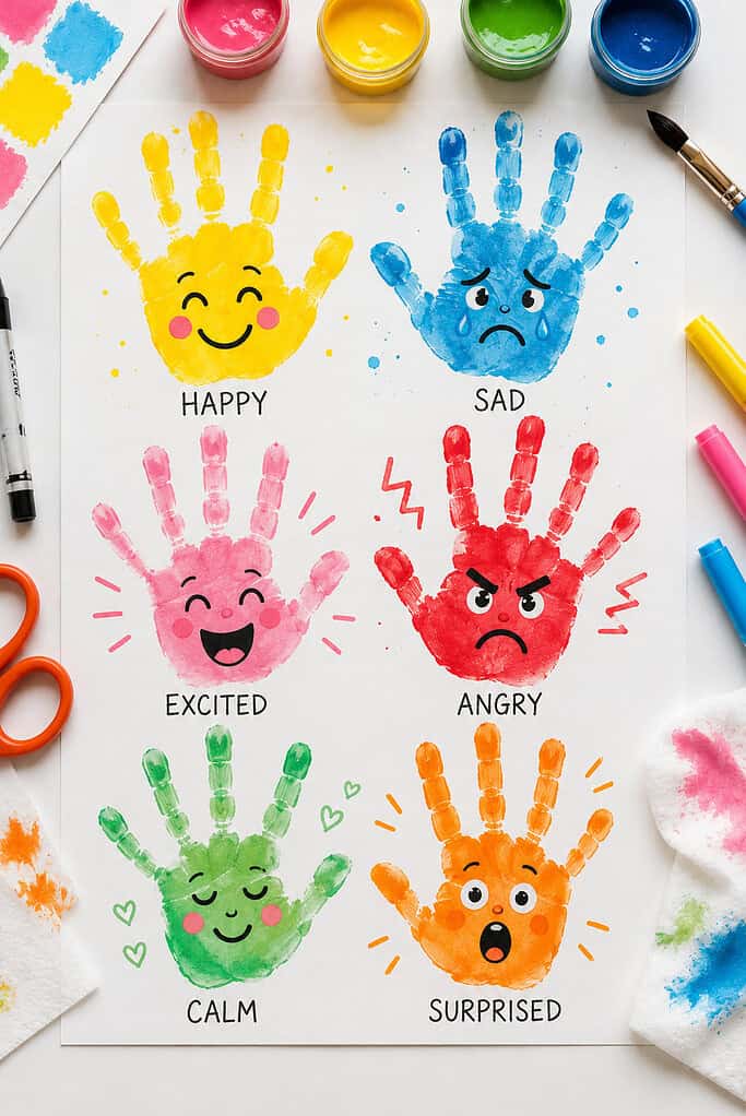several colorful painted handprints stamped onto white paper