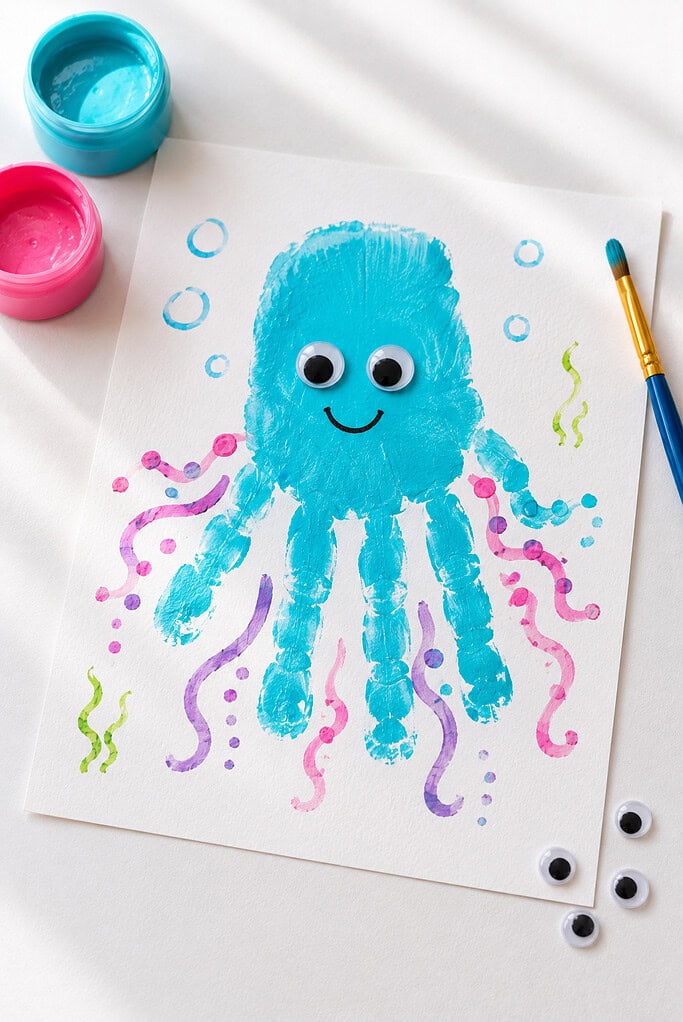 A colorful painted handprint octopus made by stamping a child’s hand palm-side down onto cardstock paper