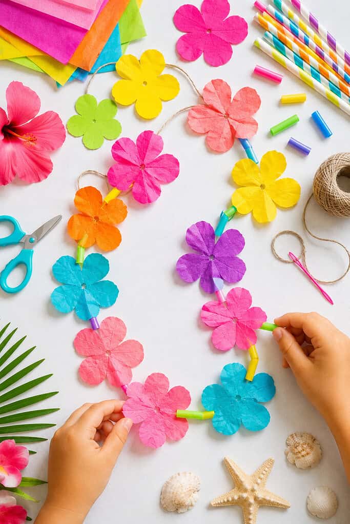 a handmade paper flower lei created from vibrant tissue paper or construction paper flowers threaded onto yarn or twine.