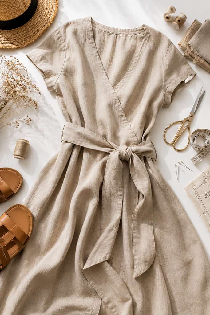 a handmade linen wrap dress with a self-tie waist.
