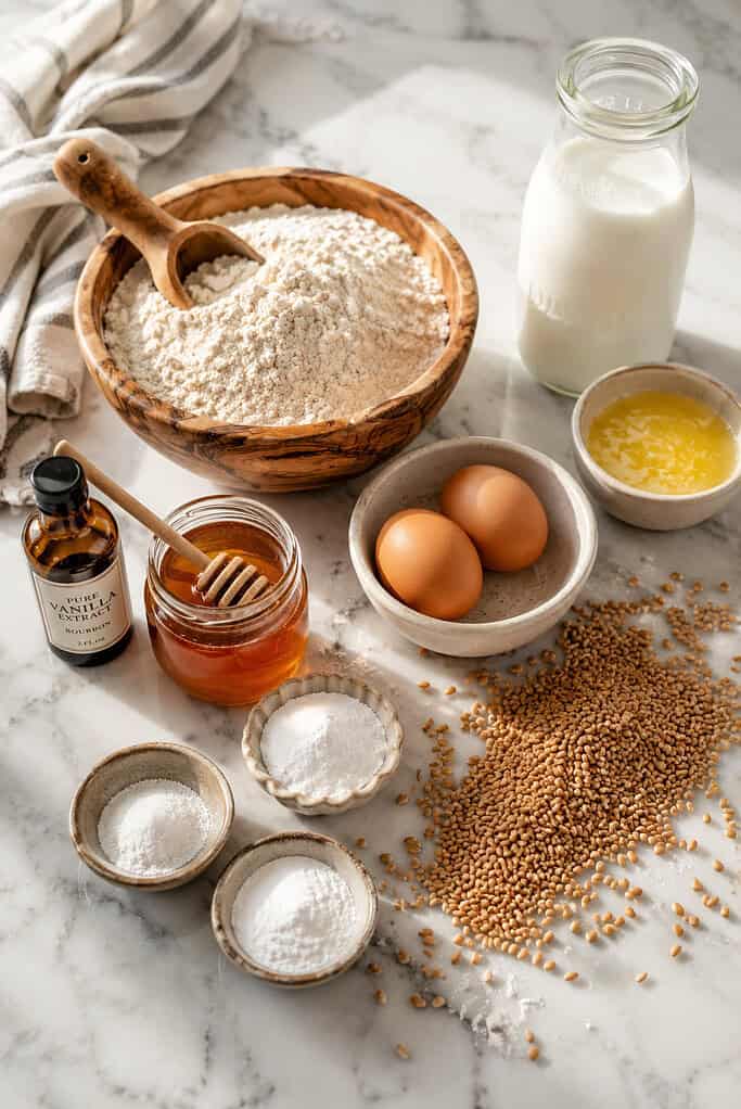 ingredients spaced naturally across the marble countertop