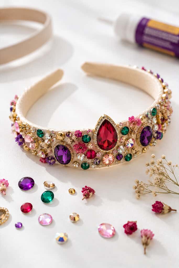 a simple wearable headband as the main focal point, beautifully decorated with colorful flat-back rhinestones, foam gems, and a few delicate dried flower buds