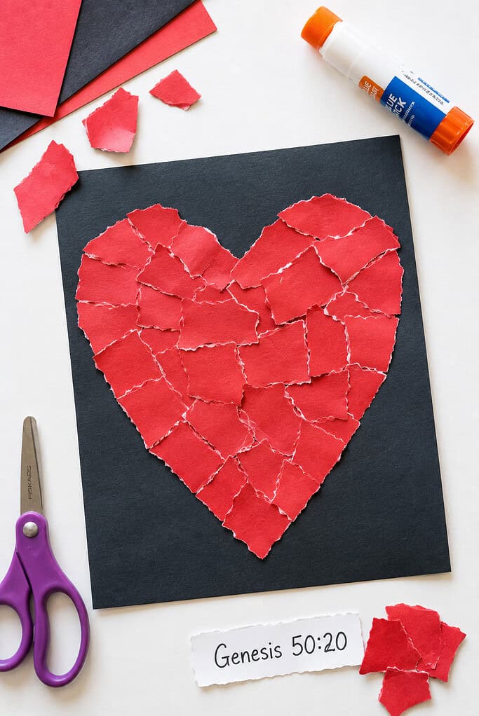 a handmade torn paper heart art craft symbolizing forgiveness, healing, and restoration