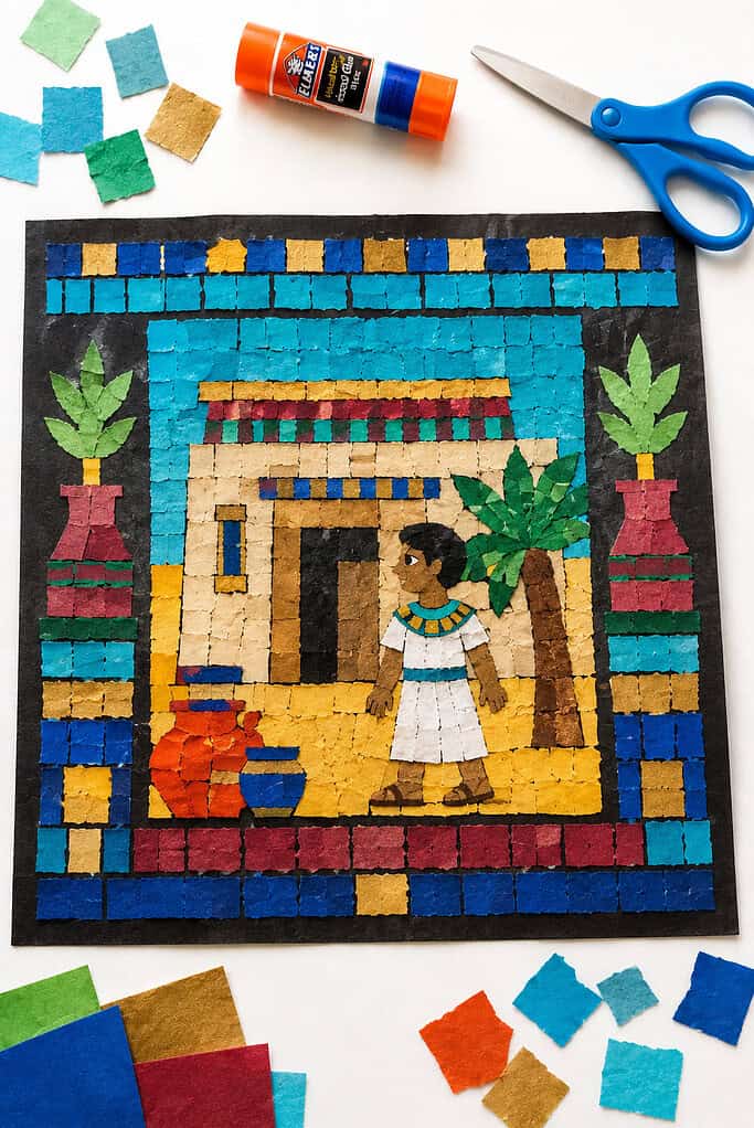a handmade mosaic tile art craft created from small torn squares of vibrant construction paper glued onto dark cardstock in an Egyptian-inspired pattern