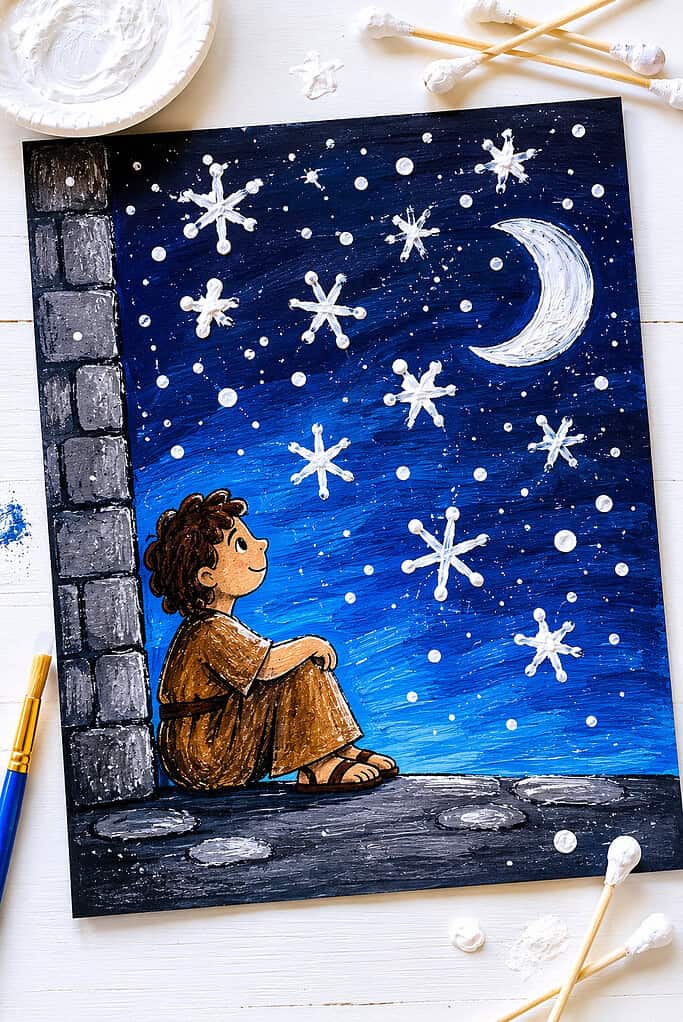 a simple handmade night sky painting craft created on black or deep navy construction paper with white painted stars made using cotton swabs and children’s fingertips.