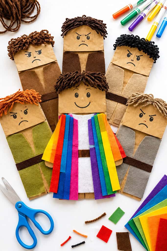 handmade paper bag puppets representing Joseph and his brothers