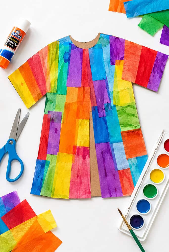 a handmade paper coat craft created from a simple cardstock or paper bag coat shape covered in vibrant overlapping tissue paper strips and watercolor paint textures.