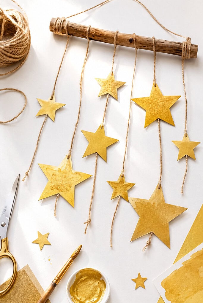 a handmade hanging star mobile crafted by children, featuring multiple gold stars suspended from twine attached to a small natural wooden dowel or rustic branch.