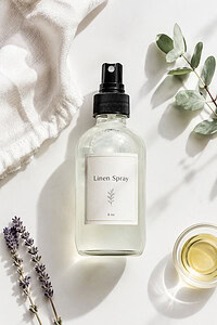 a clear 4 oz glass spray bottle filled with a soft, translucent linen spray mixture, styled elegantly at the center of a bright white tabletop.
