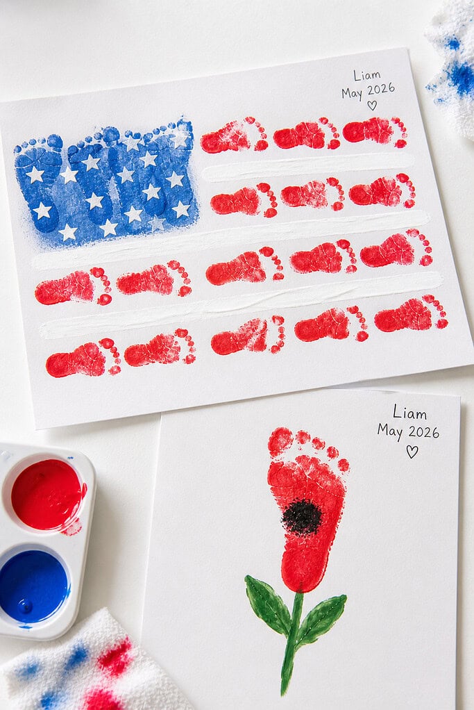 A piece of white cardstock featuring small child footprints stamped in paint.