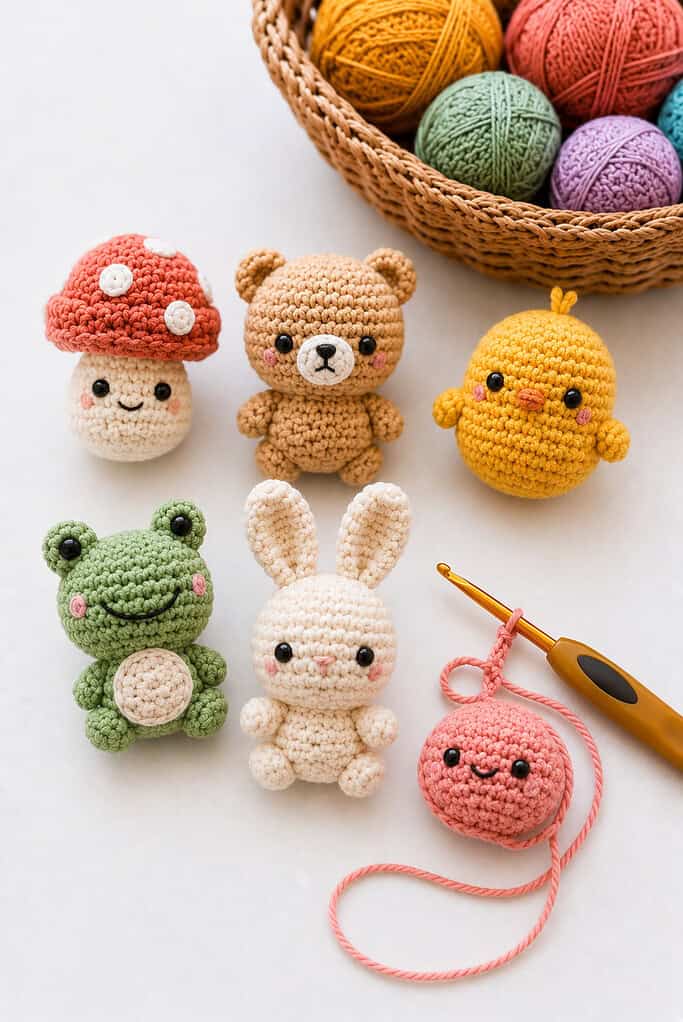 mini amigurumi designs such as a tiny mushroom, small round bear, bunny, chick, or simple smiling animal made with soft textured cotton yarn