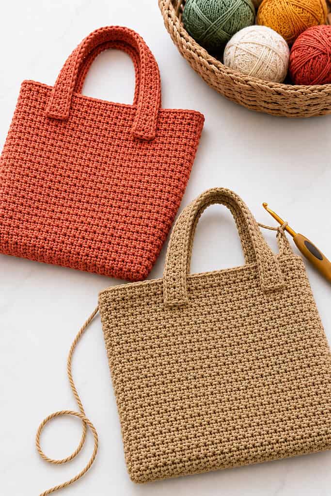 a simple rectangular crochet tote made with textured cotton or jute-style yarn in warm earthy yet vibrant tones such as natural beige, terracotta, mustard yellow, sage green, cream, or soft rust