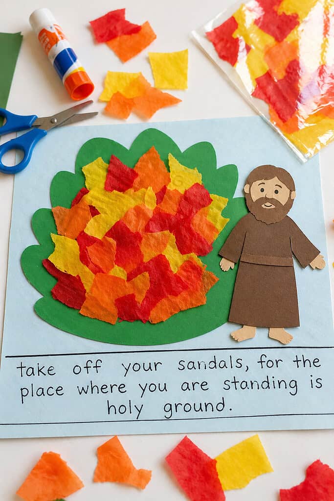 a simple brown paper Moses figure, standing next to the bush, barefoot, reinforcing the biblical detail
