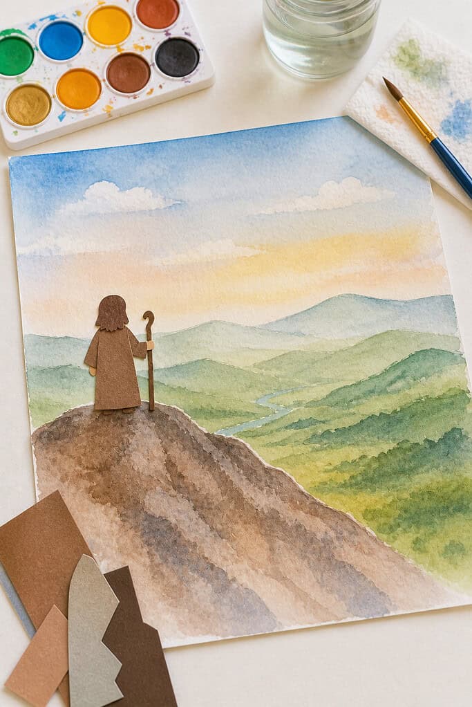 a sheet of watercolor paper featuring a child-painted landscape.